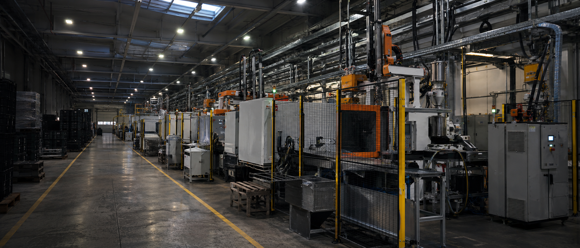 Hala produkcyjna z linią technologiczną, robotami przemysłowymi i instalacjami technicznymi